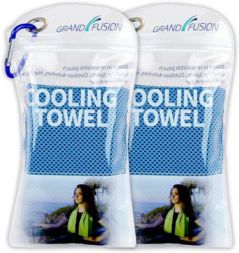 2Kool Sports Cooling Towel 2 Pack Pouch with Carabiner - Light Blue for Sports, Workout, Yoga, Fitness, Gym, Pilates, Travel, Camping & More (Light Blue)