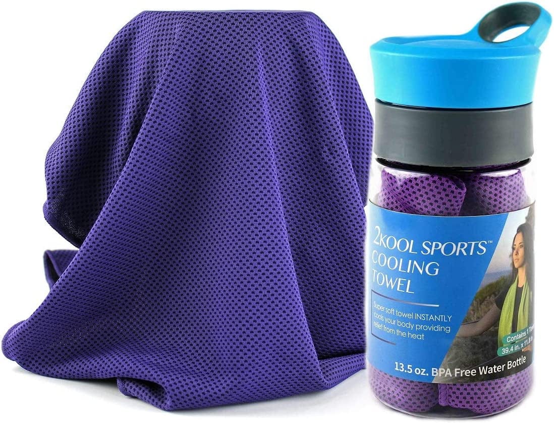 2Kool Sports™ Cooling Towel with 13.5 Oz. BPA Free Tritan Water Bottle for Sports, Works Well as a Soft Breathable FACE Cover (Grey)