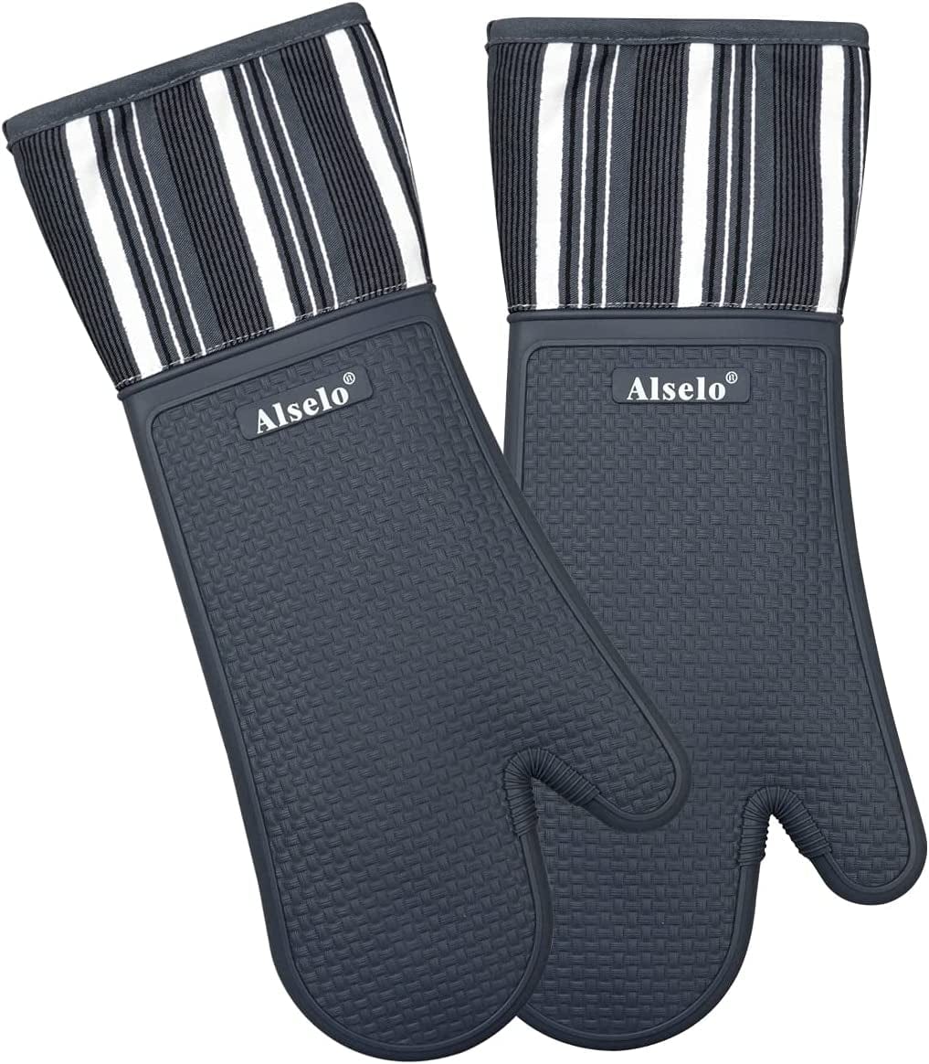Alselo Oven Mitts Heat Resistant Silicone Kitchen Gloves for 550 Degrees with Waterproof and Non-Silp, Set of 2 Oven Gloves for Baking Cooking Barbecue Microwave Machine Washable (Blue, 2)