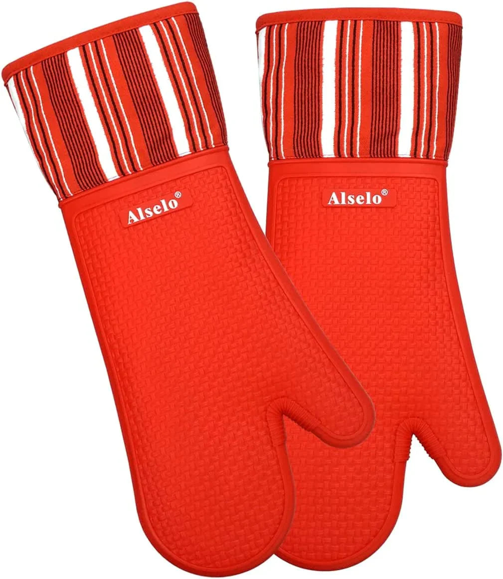 Alselo Oven Mitts Heat Resistant Silicone Kitchen Gloves for 550 Degrees with Waterproof and Non-Silp, Set of 2 Oven Gloves for Baking Cooking Barbecue Microwave Machine Washable (Blue, 2)