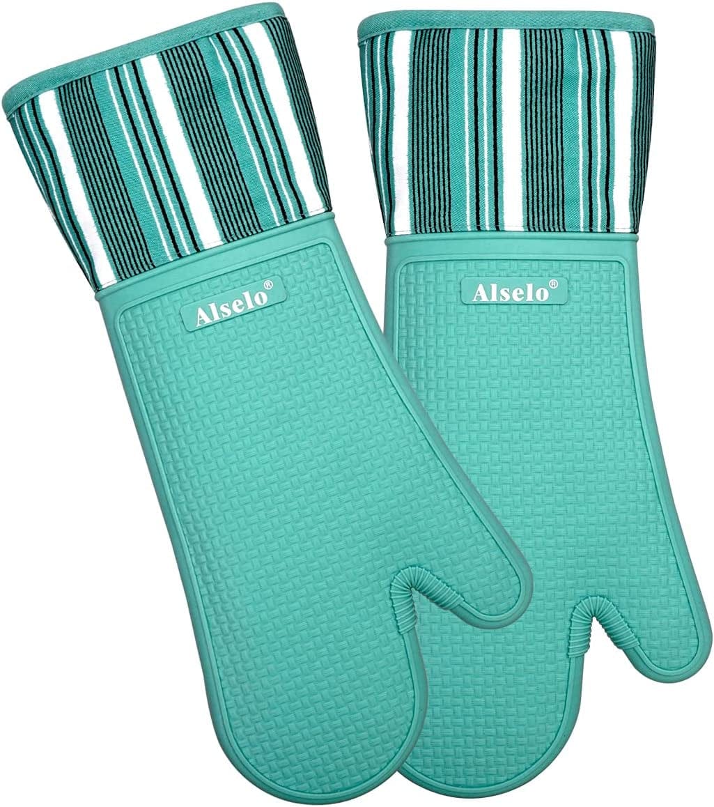 Alselo Oven Mitts Heat Resistant Silicone Kitchen Gloves for 550 Degrees with Waterproof and Non-Silp, Set of 2 Oven Gloves for Baking Cooking Barbecue Microwave Machine Washable (Blue, 2)
