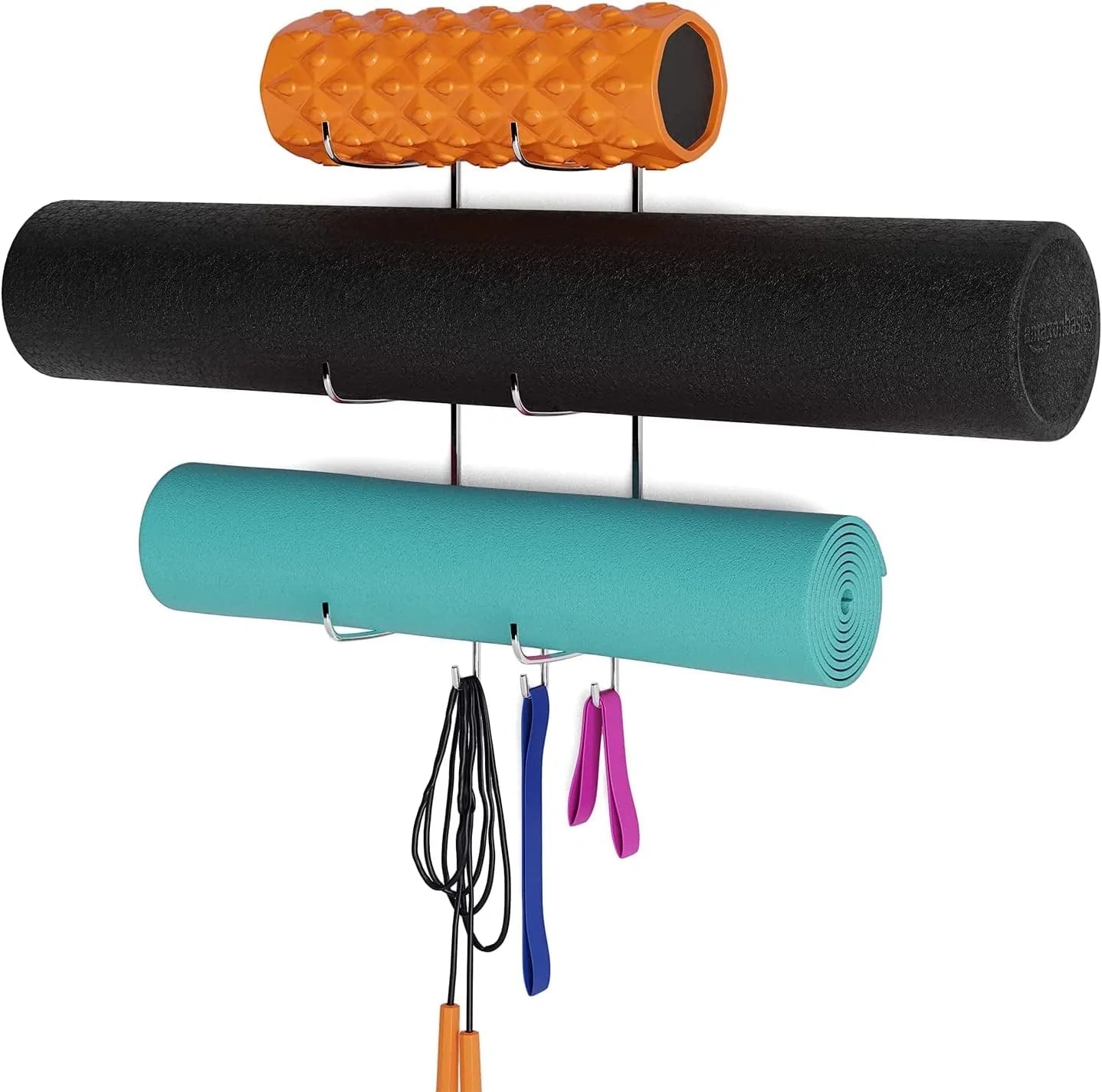 Wallniture Guru Wall Mount Yoga Mat Foam Roller and Towel Rack with 3 Hooks for Hanging Yoga Strap and Resistance Bands, 3-Sectional Metal