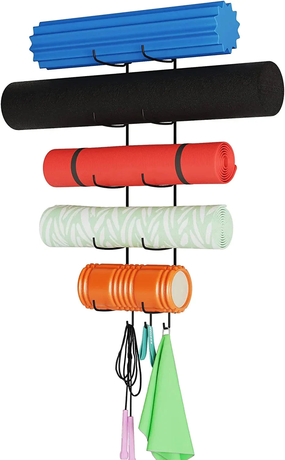 Wallniture Guru Yoga Mat Holder Wall Mount with 3 Hooks for Hanging Yoga Strap, Resistance Bands, 5-Sectional Metal