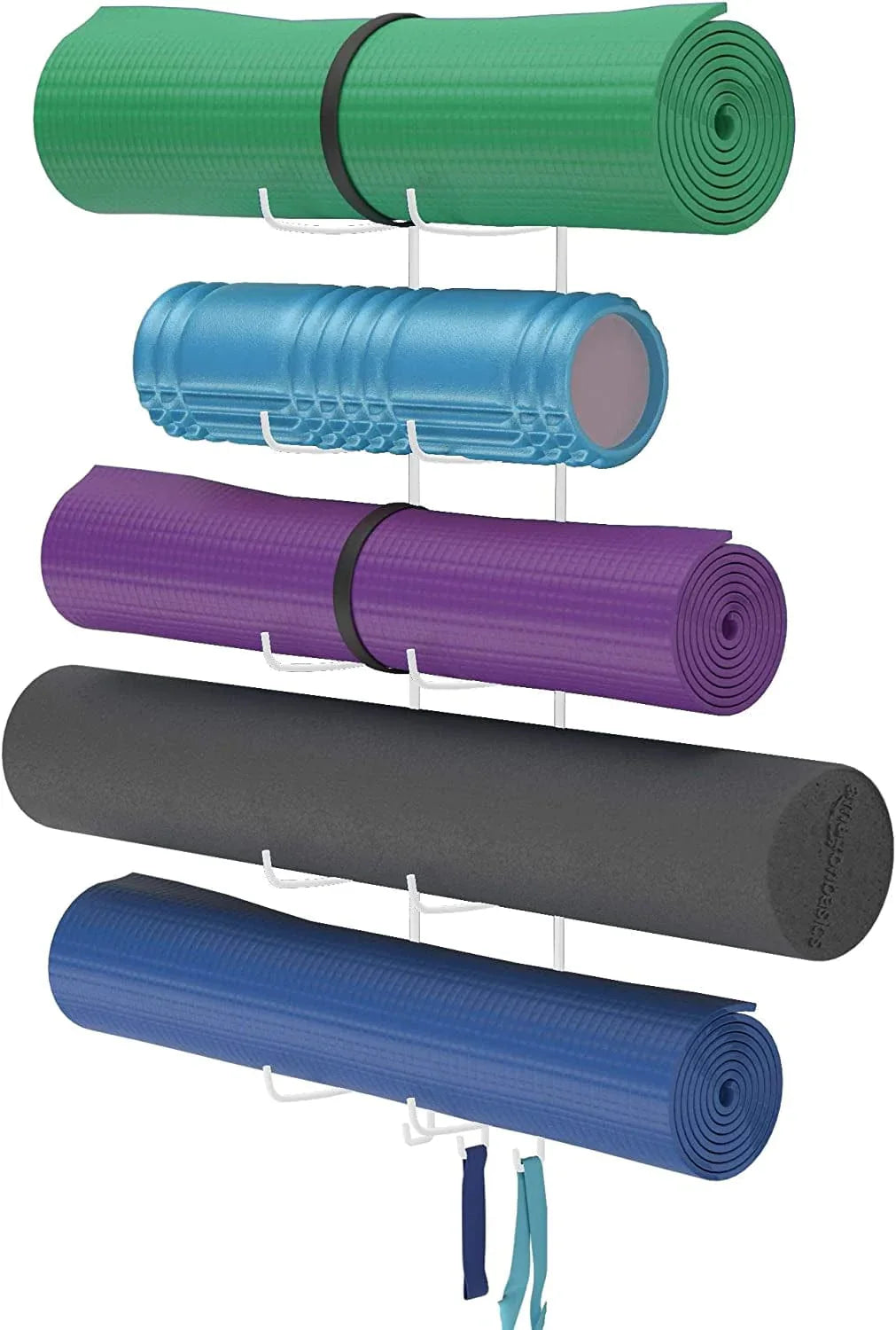 Wallniture Guru Yoga Mat Holder Wall Mount with 3 Hooks for Hanging Yoga Strap, Resistance Bands, 5-Sectional Metal