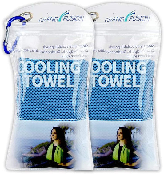 2Kool Sports Cooling Towel 2 Pack Pouch with Carabiner - Light Blue for Sports, Workout, Yoga, Fitness, Gym, Pilates, Travel, Camping & More (Light Blue)