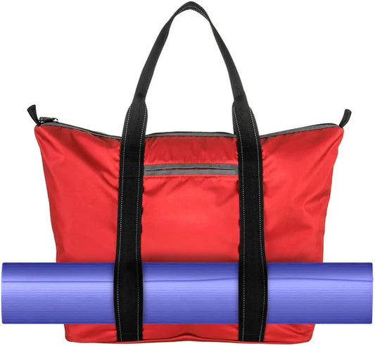 Yoga Mat Tote Bag with Detachable Accessory Pouch, Strap Loop to Hold Mat, Large Multi-Purpose Black Tote Bag for Yoga, Gym, Sports, Beach, Travel - Red