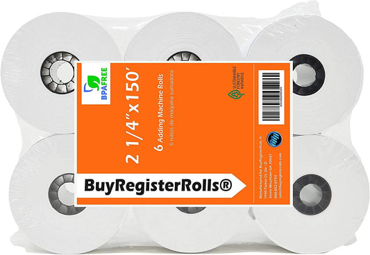 (6 Rolls) 2 1/4 X 150 Ft, White, Adding Machine Tape Paper Rolls, Premium One Ply Cash Register/Adding Machine/Calculator Roll Printing Calculator 10 Key Adding Machine Tape