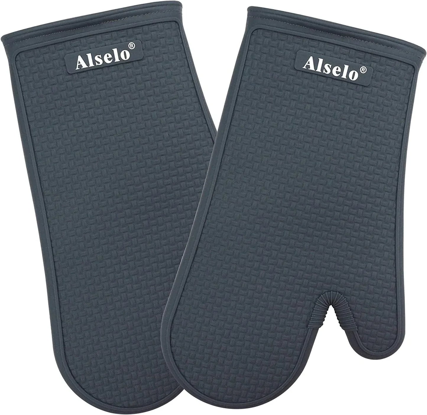 Alselo Oven Mitts Heat Resistant Silicone Kitchen Gloves for 550 Degrees with Waterproof and Non-Silp, Set of 2 Oven Gloves for Baking Cooking Barbecue Microwave Machine Washable (Blue, 2)