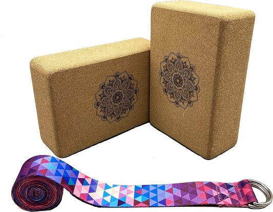 Aozora Cork Yoga Block Sustainable & Eco Friendly 2 Pack and Yoga Strap Set Made of the Finest Natural Cork for Better Support, Balance & Comfort