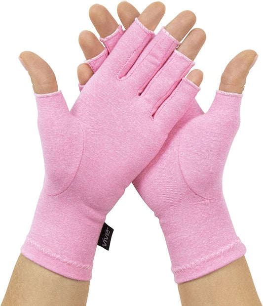 Vive Pink Arthritis Hand Compression Gloves - Comfortable Fit for Men and Women - Open Finger for Rheumatoid, Osteoarthritis and Computer Typing Pain - Carpal Tunnel Support - Moisture Wicking Fabric