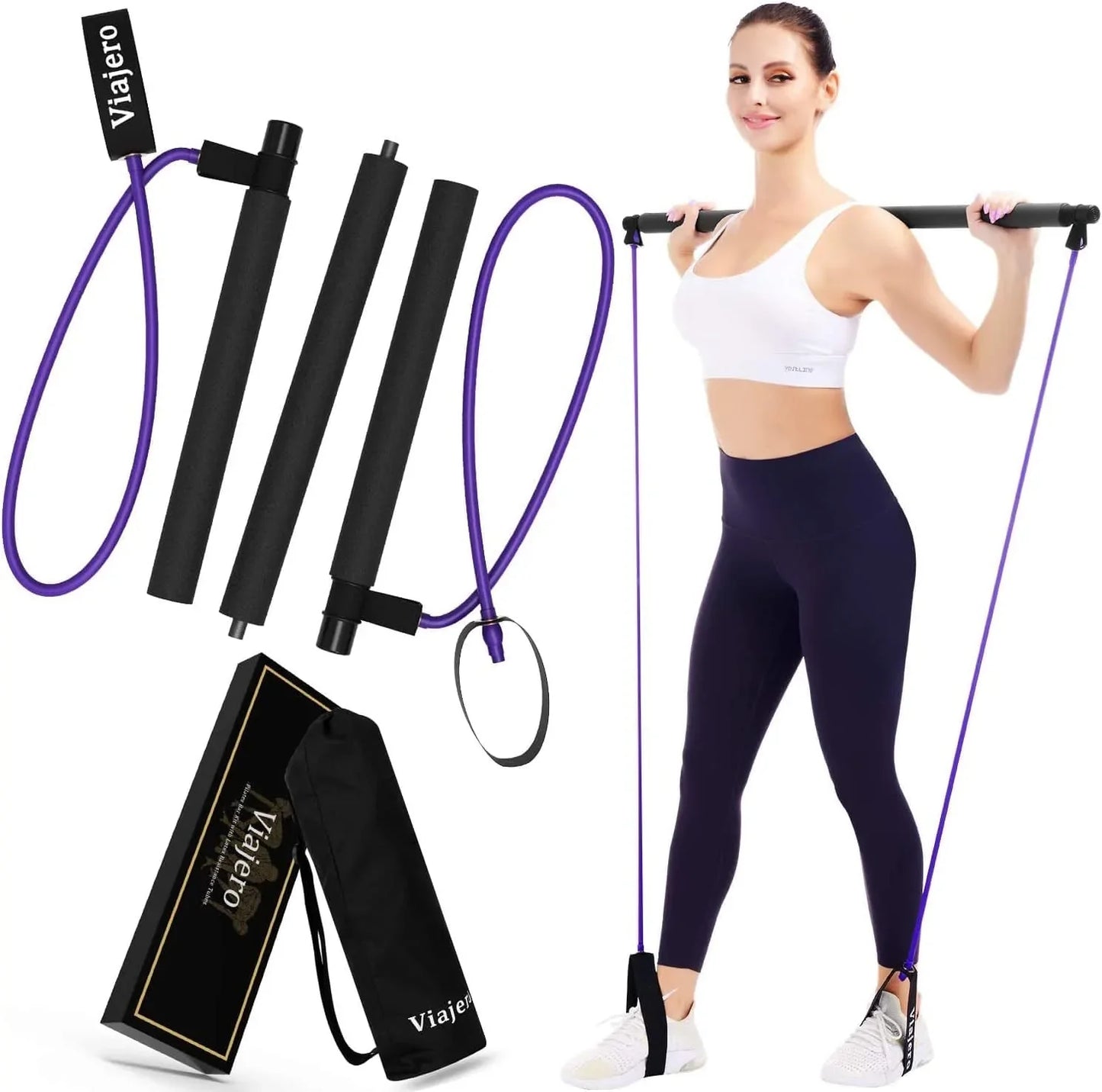 Viajero 2022 Pilates Bar Kit for Portable Home Gym Workout - 2 Latex Exercise Resistance Band - 3-Section Sticks - All-In-One Strength Weights Equipment for Body Fitness Squat Yoga with E-Book & Video